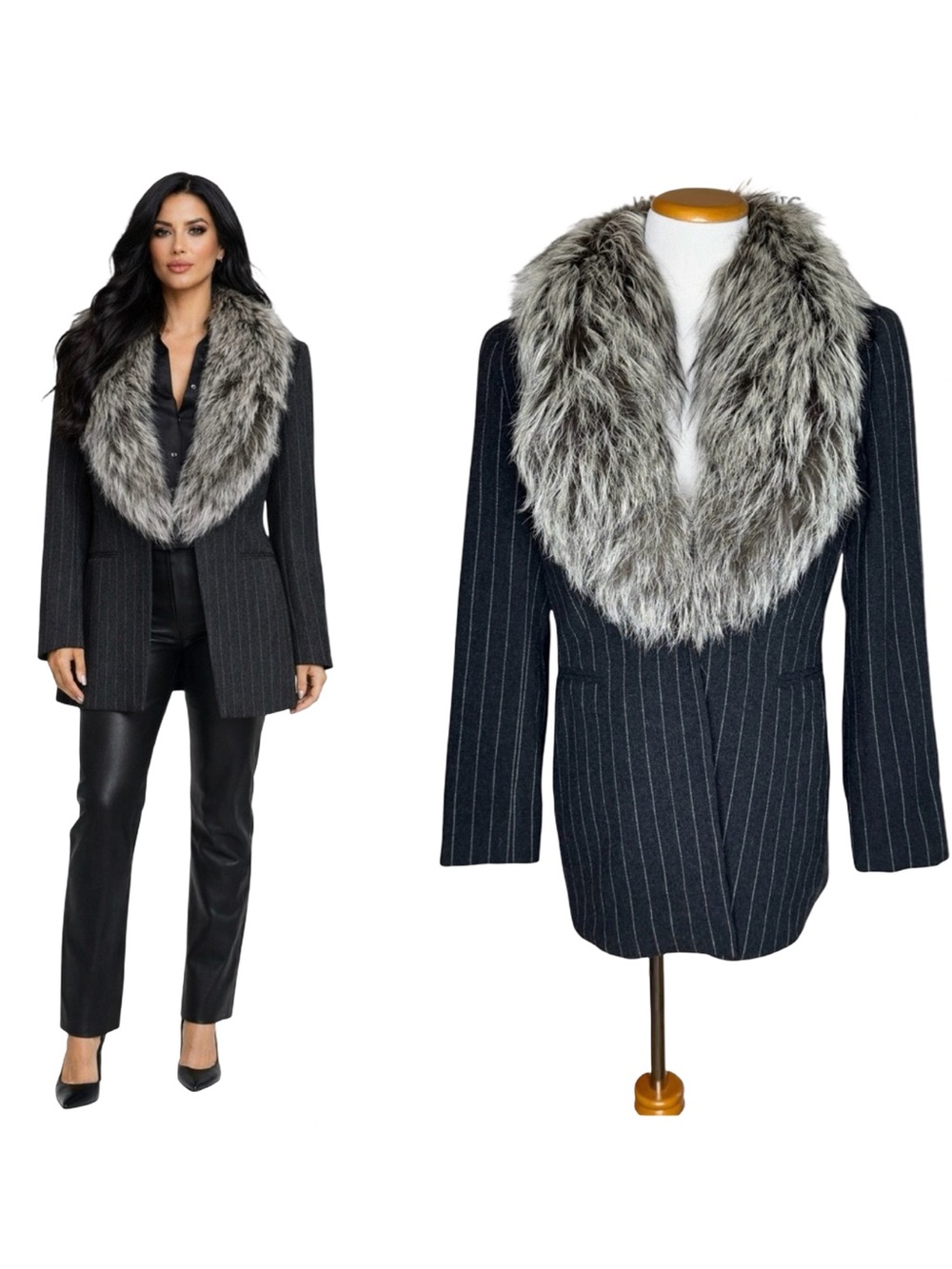 Pianoforte di MaxMara Fur Collar Blazer Size US 8 Gray Pinstripe Wool Cashmere